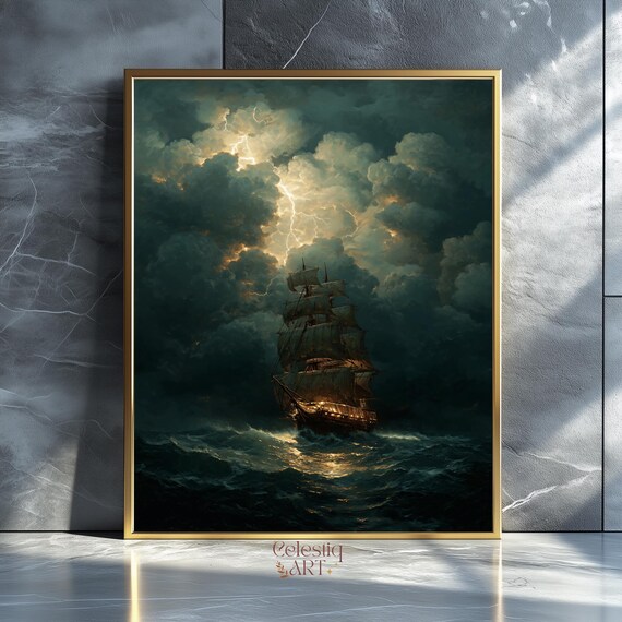 Stormy Seas Sailing Ship Print Dark Academia Nautical Wall Art