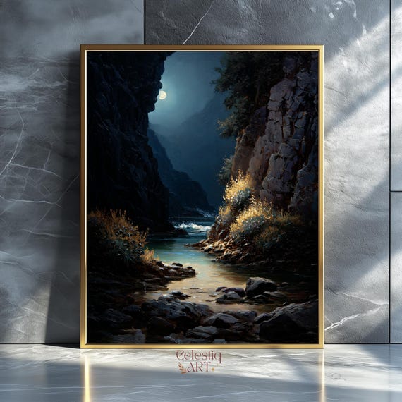 Moonlit Canyon River Print Mystical Mountain Landscape