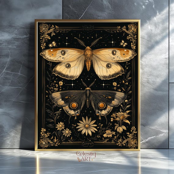 Botanical Moth Print Dark Academia Gothic Floral Wall Art