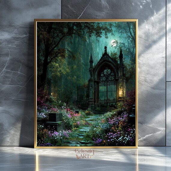 Gothic Graveyard Art Print, Dark Academia Floral Cemetery