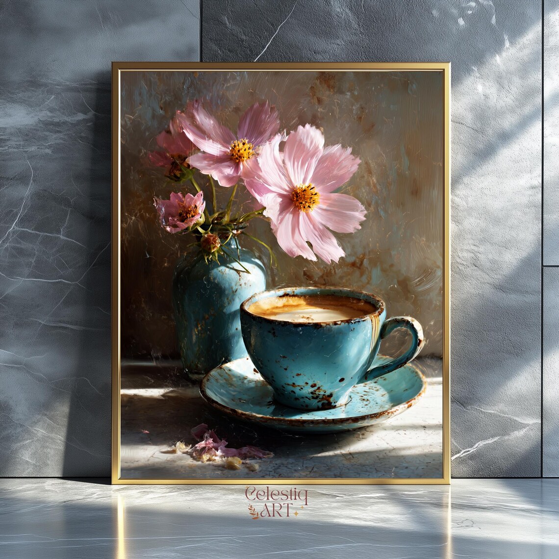 Coffee Cup Cosmos Flowers Moody Kitchen Still Life Art Poster