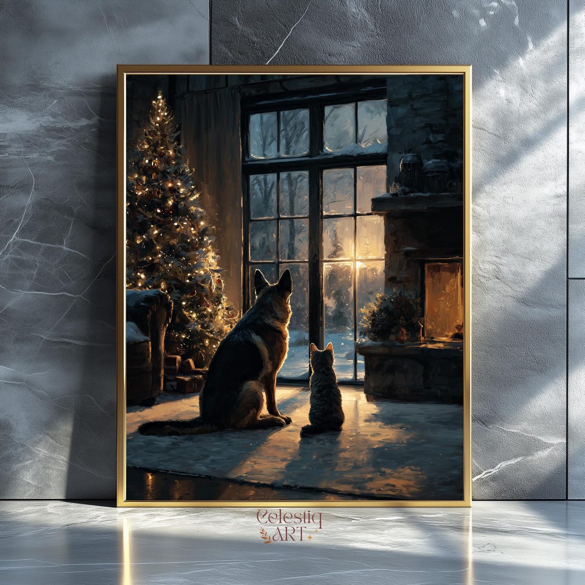 Dog and Cat Watching Snowfall Christmas Tree Cozy Winter Art Poster