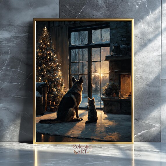 Dog and Cat Watching Snowfall Christmas Tree Cozy Winter Art Poster