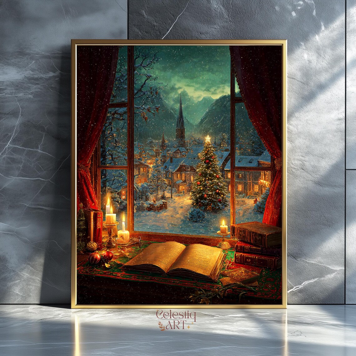 Christmas Window Cozy Candles Snowy Village Night Art Poster