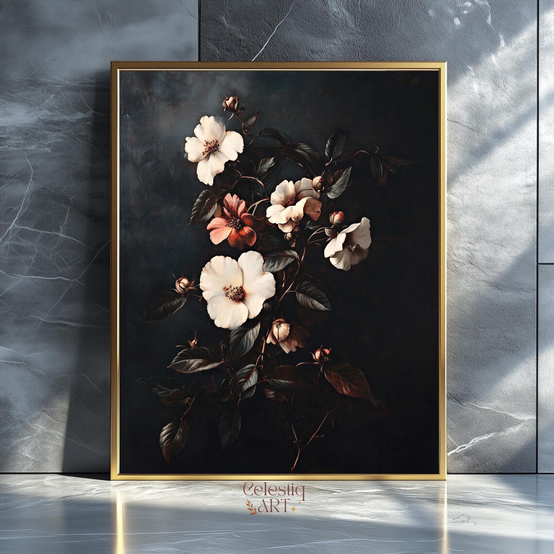 Dark Moody Floral Bouquet Vintage Botanical Painting Wall Art