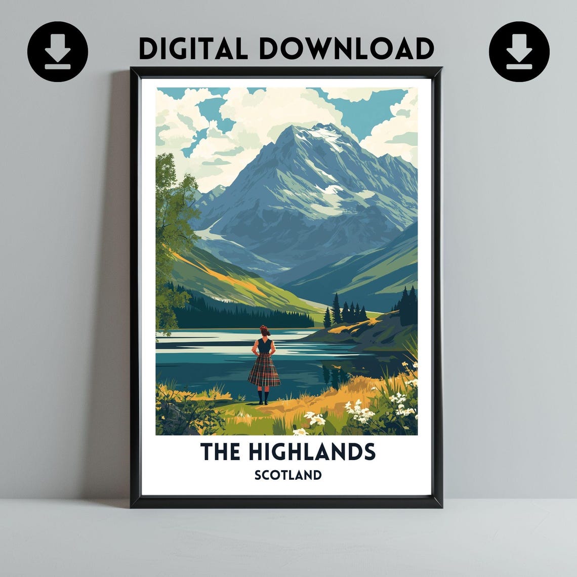The Highlands Scotland Mountain Loch Vintage Travel Scene Poster