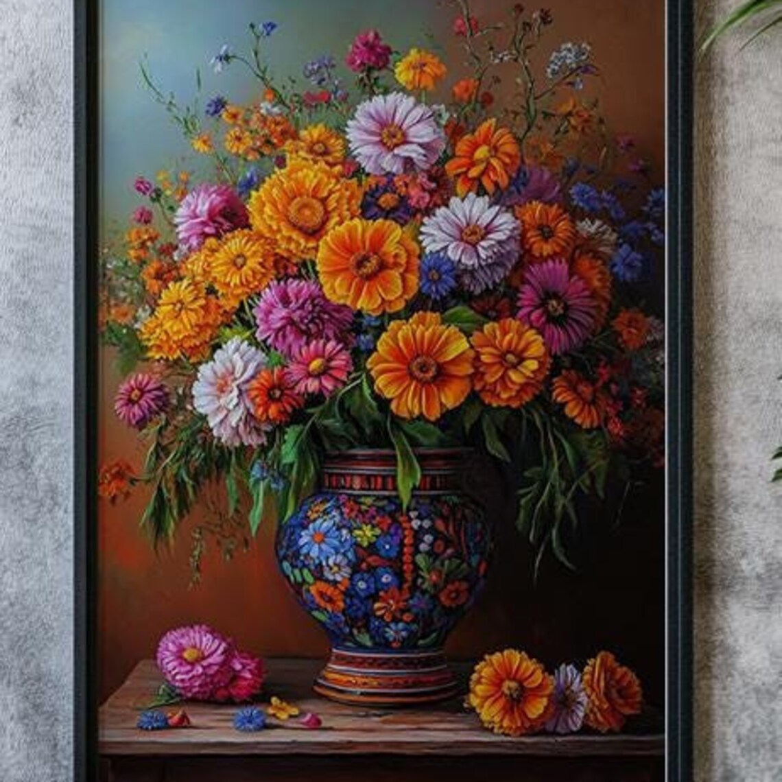 Vintage Floral Still Life Zinnias Blue Vase Oil Painting Art Poster