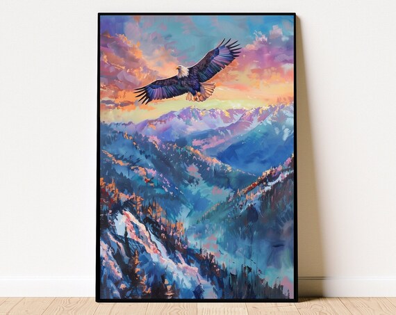 Eagle Flying Mountain Poster Oil Painting Landscape Wildlife Wall Art Soaring Colorful