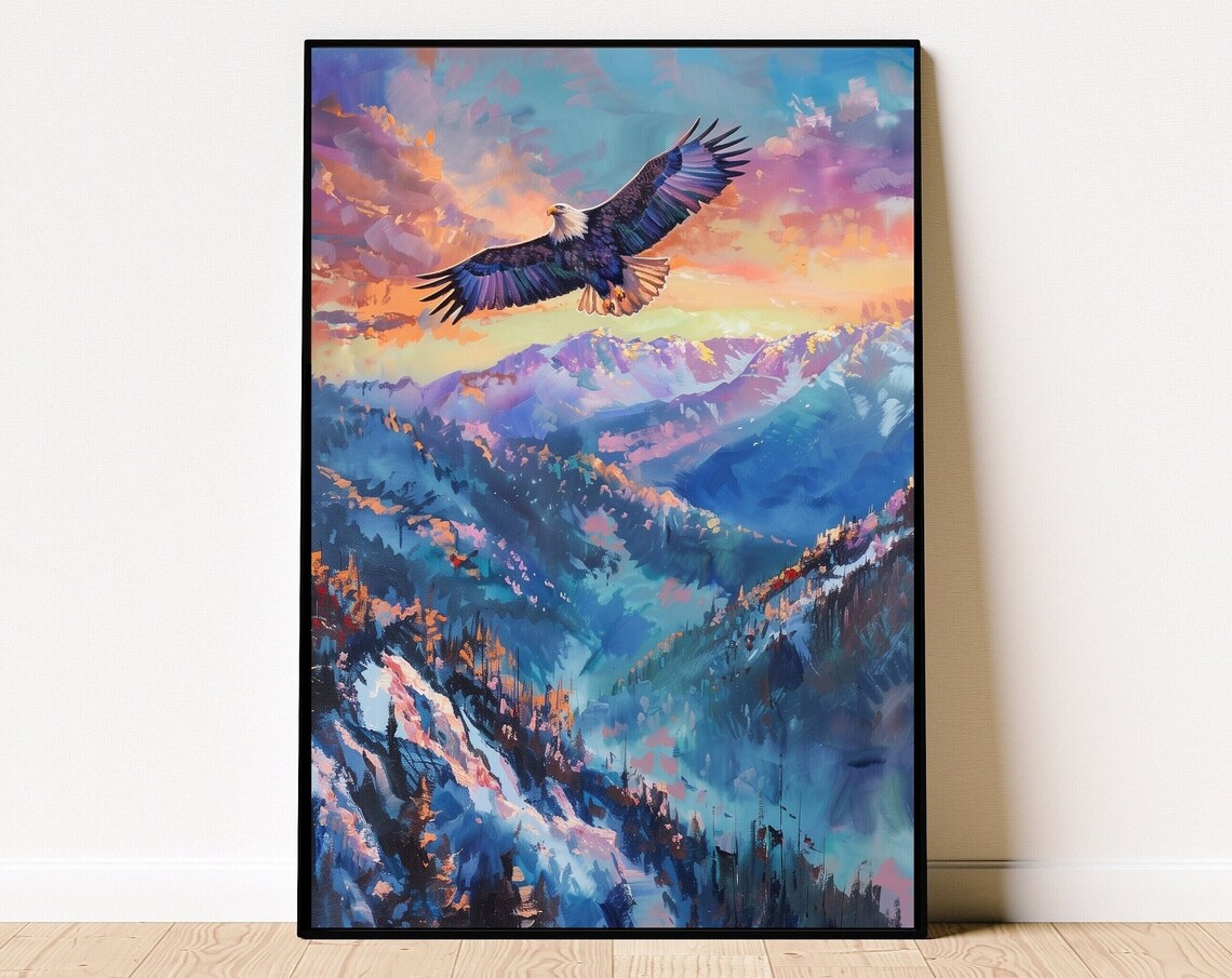 Bald Eagle Soaring Sunset Mountain Wilderness Oil Painting Poster