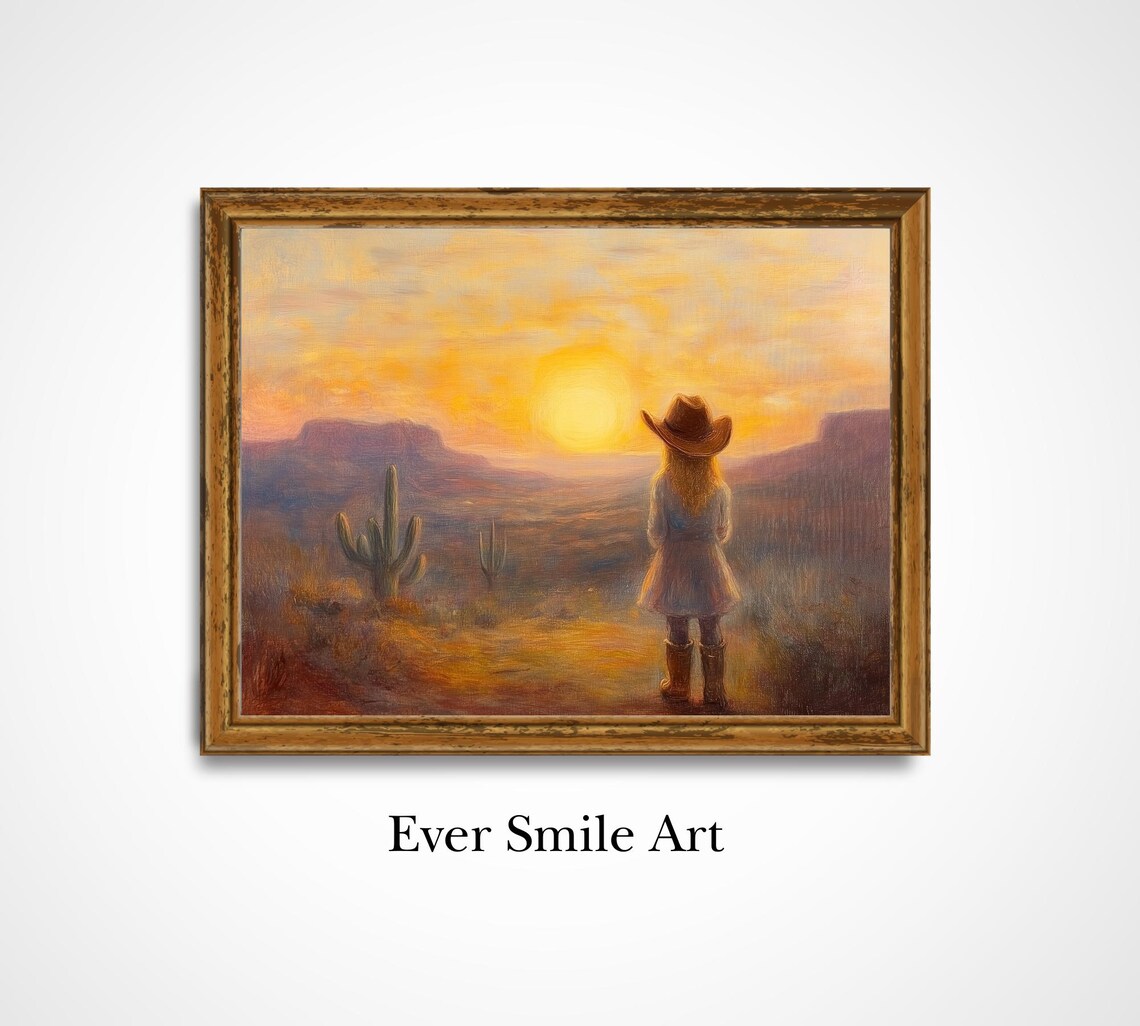 Little Cowgirl Golden Desert Sunset Dreamy Western Nursery Art Print