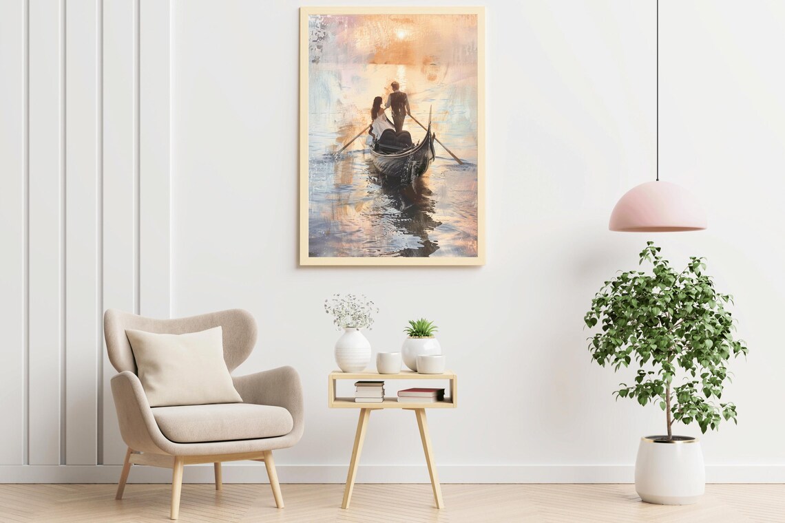 Romantic Couple Gondola Ride Golden Sunset Vintage Oil Painting Print - Image 2