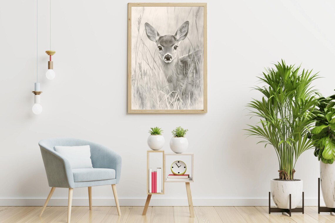 Baby Deer Fawn Pencil Sketch Vintage Forest Nursery Wall Art Poster - Image 4