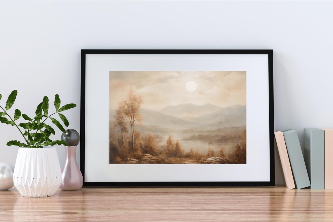 Misty Mountains Lake Golden Hour Vintage Oil Painting Landscape Print - Image 2