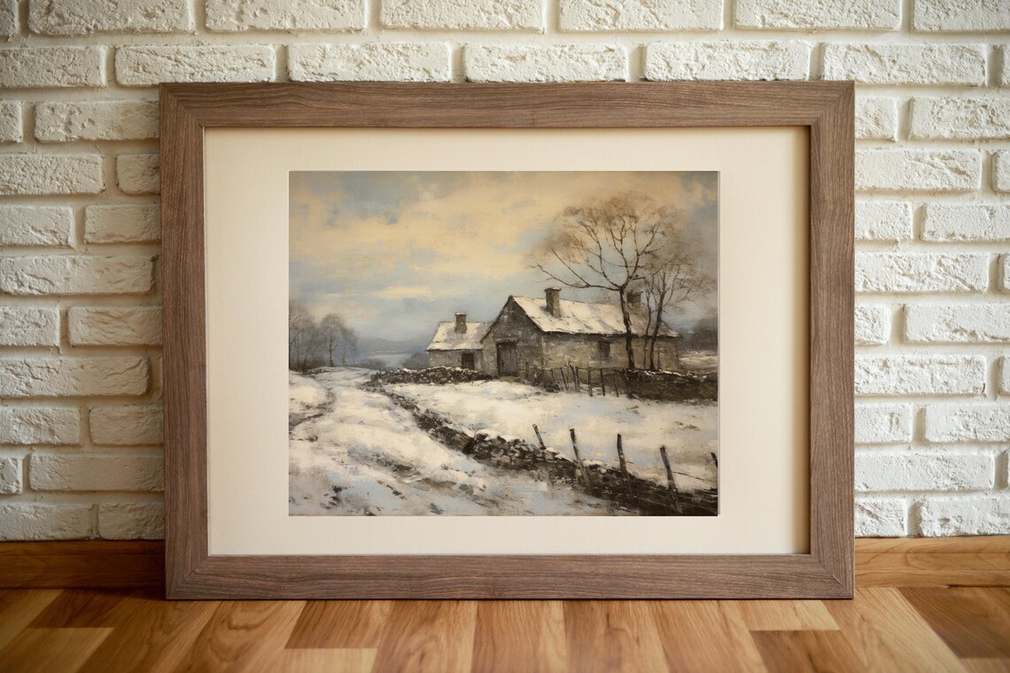 Snowy Stone Farmhouse Winter Path Vintage Landscape Oil Painting - Image 4