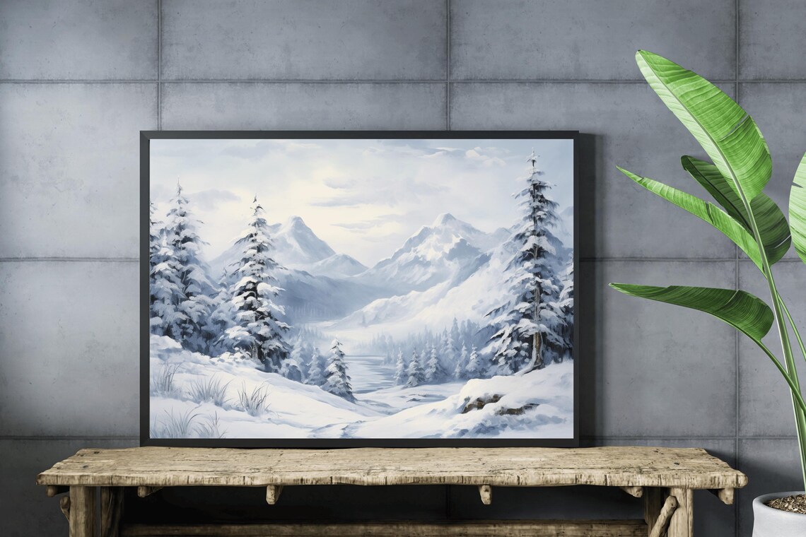 Snowy Mountain Valley Frosted Pines Classic Winter Oil Painting Print - Image 4