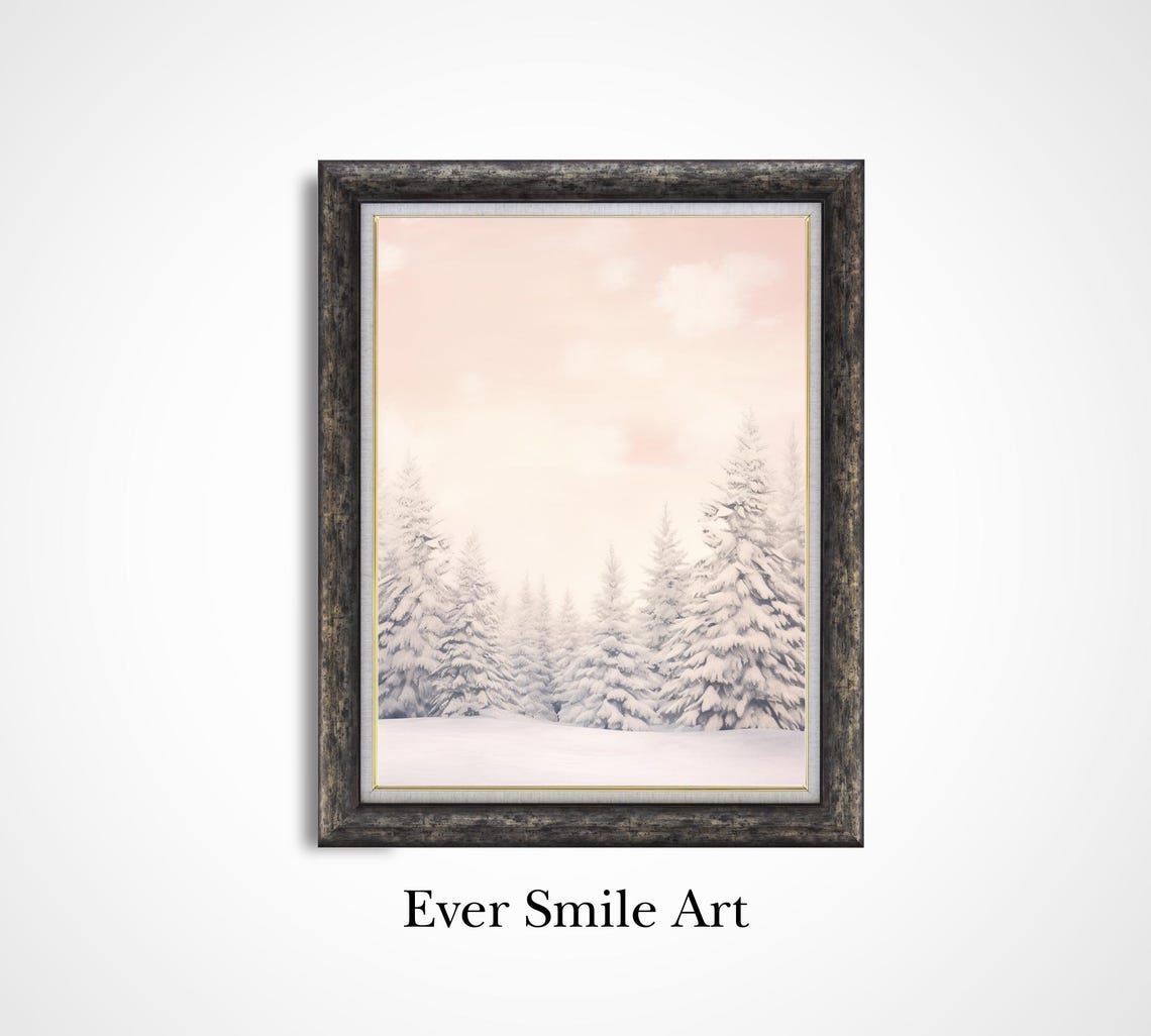 Snowy Pine Forest Blush Pink Dawn Vintage Oil Painting Winter Print