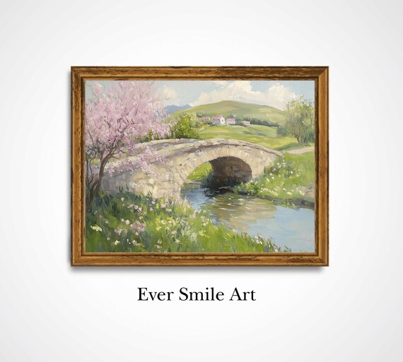 Stone Bridge Over River With Cherry Blossom Spring Landscape Poster