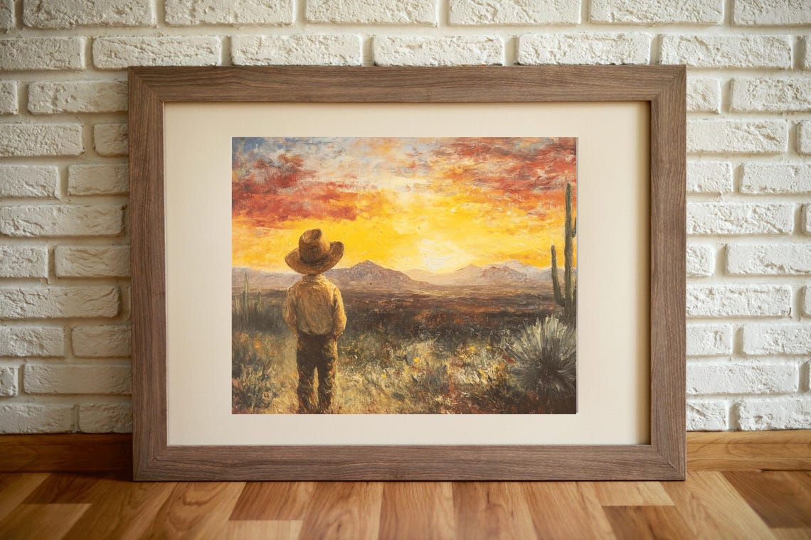 Little Cowboy At Desert Sunset With Saguaro Cactus Western Art Poster - Image 3