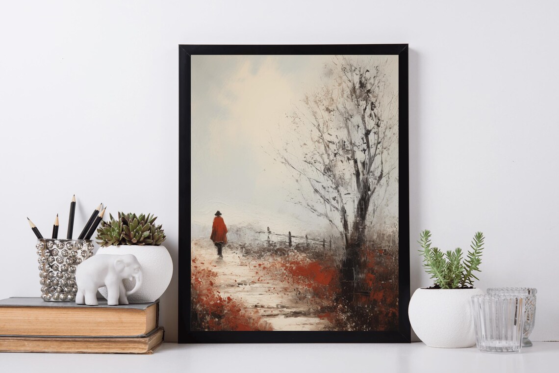 Red Coat Winter Walker Snowy Path Vintage Oil Painting Wall Art - Image 5
