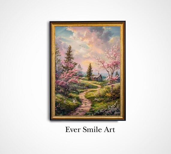 Blossom Path Rustic Cabin Pink Sunset Sky Spring Country Landscape Poster