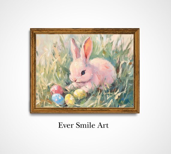 Pink Easter Bunny With Painted Eggs Vintage Spring Grass Art Poster