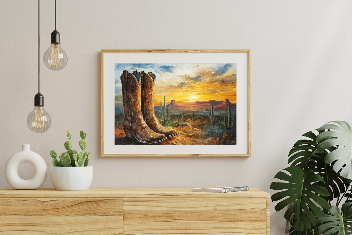 Cowboy Boots At Desert Sunset With Saguaro Cactus Western Art Poster - Image 5