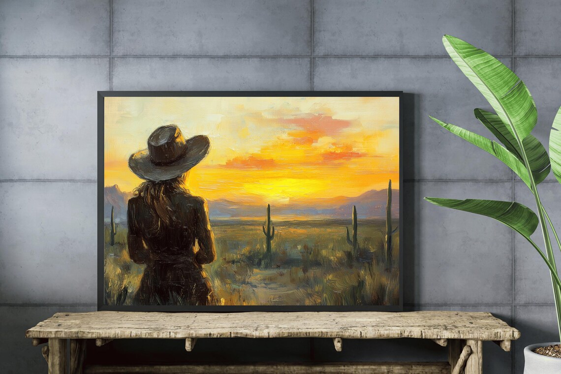 Cowgirl Watching Desert Sunset Vintage Western Oil Painting Poster - Image 3