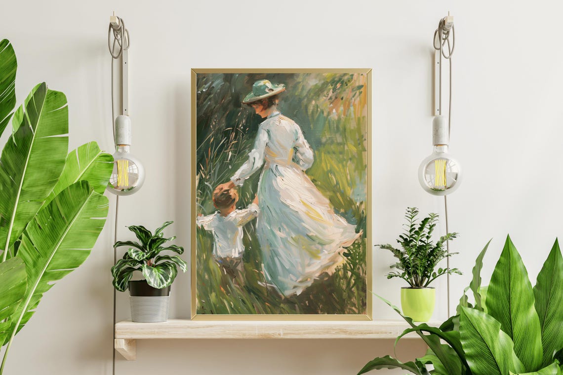 Mother And Child In Tall Meadow Grass Impressionist Art Wall Poster - Image 4