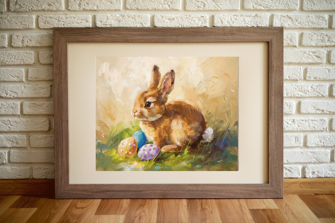 Brown Easter Bunny With Painted Eggs Vintage Spring Farmhouse Art Poster - Image 3