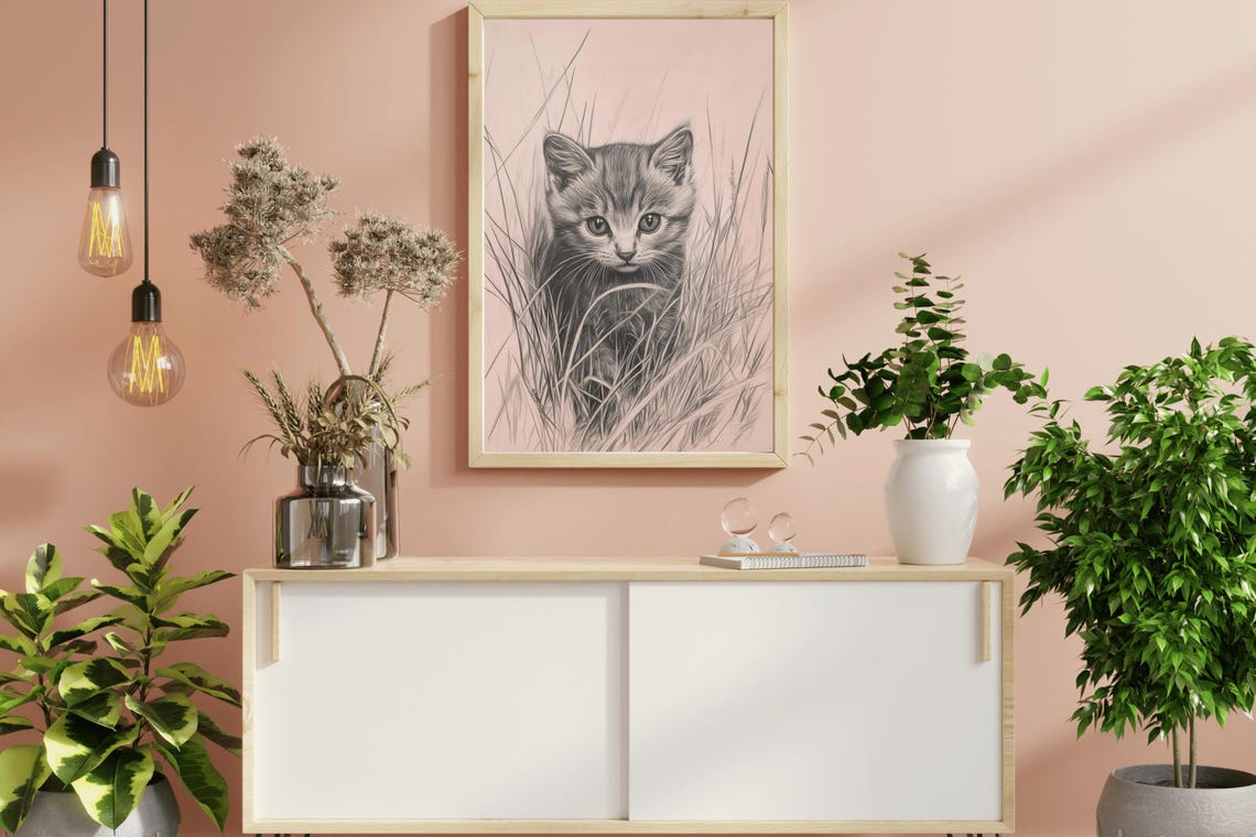Tabby Kitten Sketch In Grass Vintage Cat Nursery Wall Art Poster - Image 3