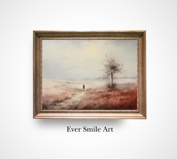 Winter Snow Field Lone Walker Vintage Oil Painting Landscape Poster