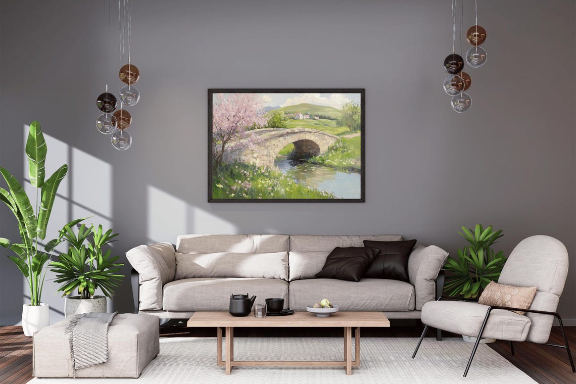 Stone Bridge Over River With Cherry Blossom Spring Landscape Poster - Image 5