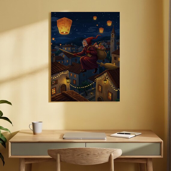 La Befana Christmas Witch Flying Over Village Night Scene Poster