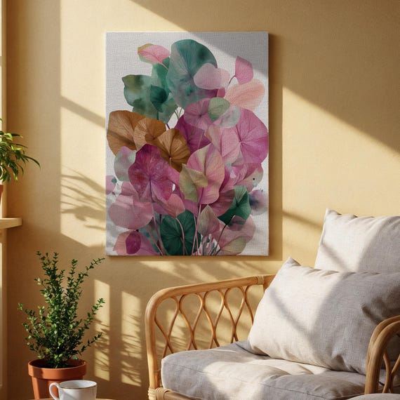 Floral Abstract Canvas Art Colorful Leaves Design Pastel Pink And Green Leaf For Living Room Bedroom Or Modern Home Decor