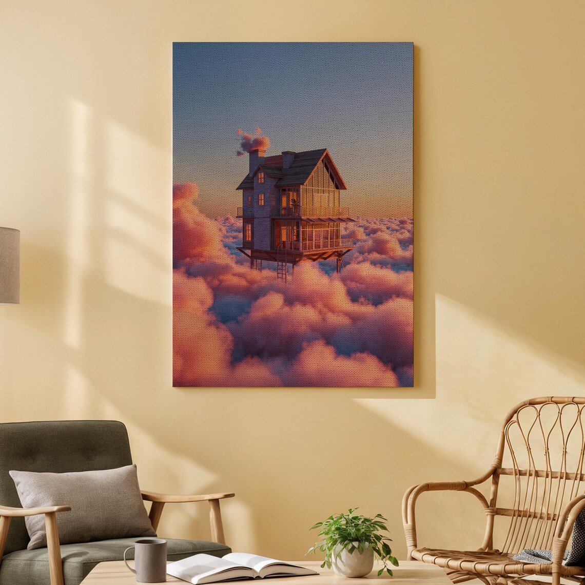 Floating House Above Pink Clouds Surreal Dreamy Fantasy Sky Home Poster