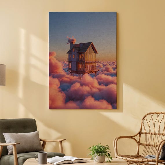 Floating House Canvas Wall Art Surreal Dreamy Cloud Print Whimsical Fantasy For Living Room Bedroom Office Or Creative Studio