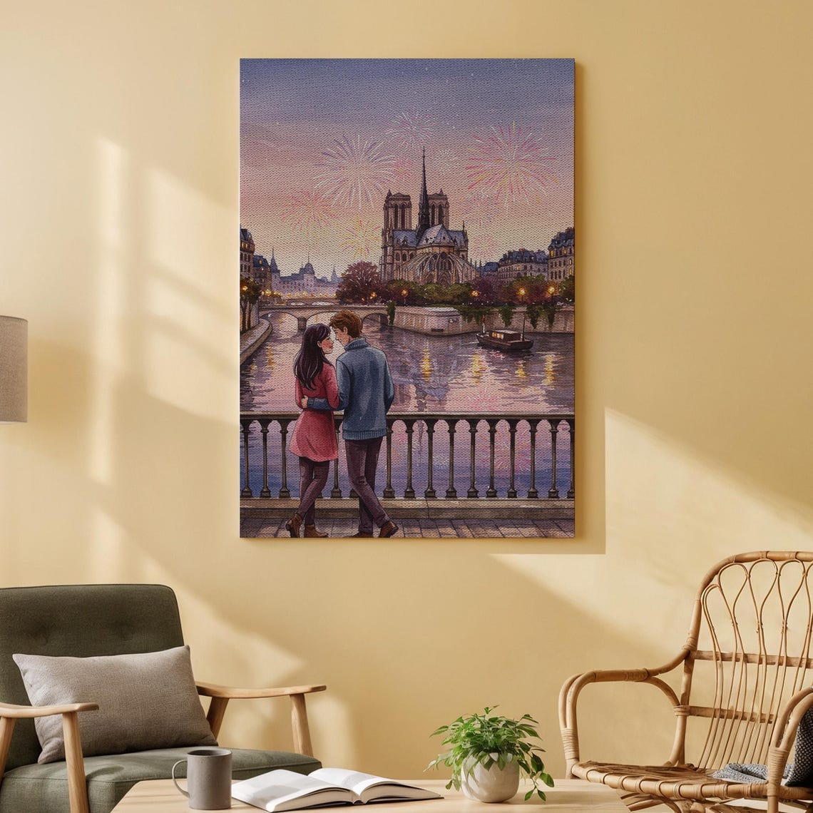 Romantic Couple Paris Notre Dame Fireworks Seine Night Canvas Poster