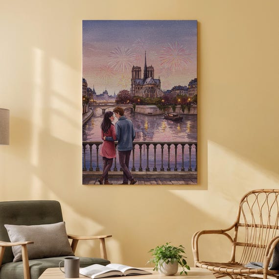 Romantic Couple In Paris Canvas Wall Art Seine River Sunset Scene Notre Dame Fireworks Illustration Lovethemed French Artwork