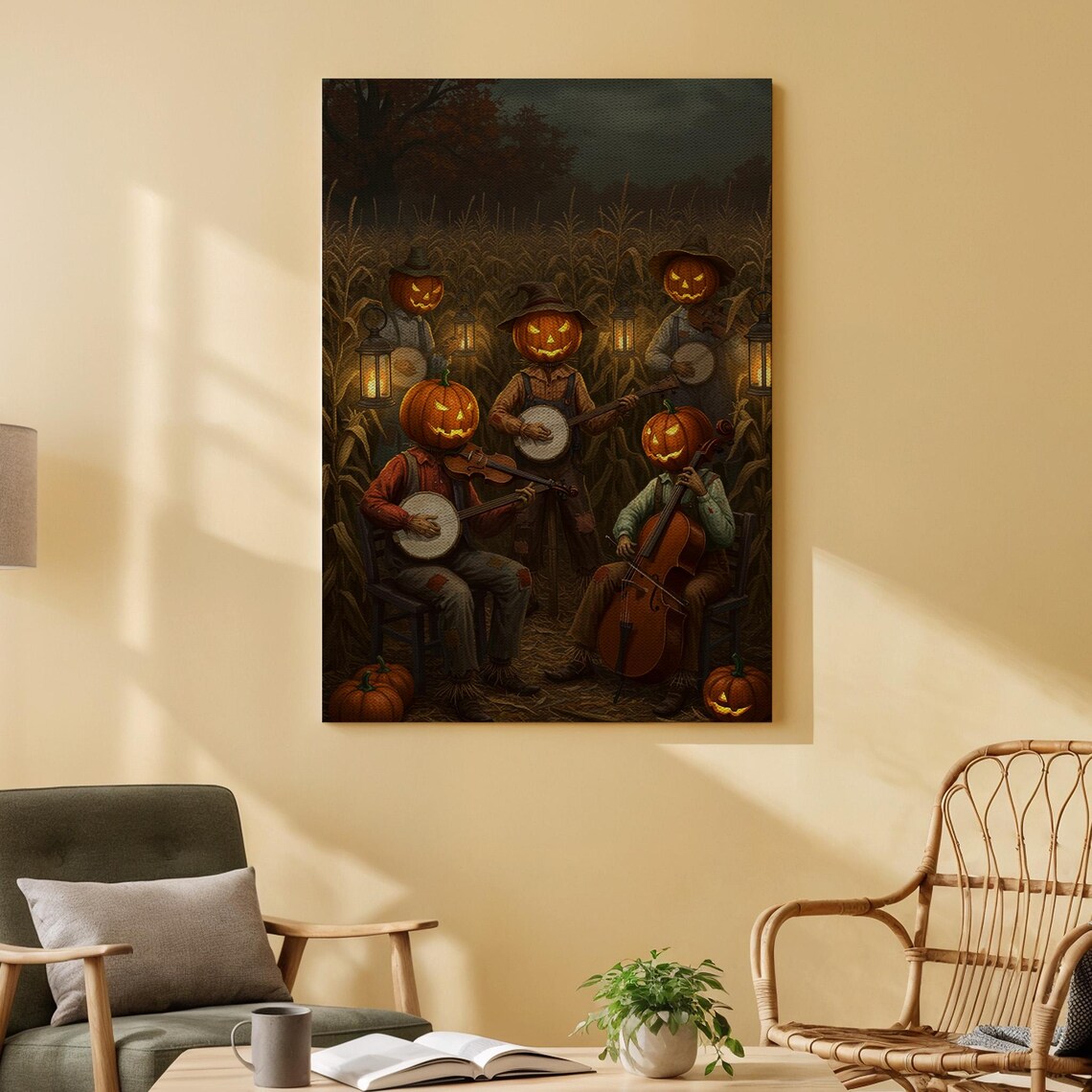 Spooky Pumpkin Head Band Playing Music Halloween Night Art Poster