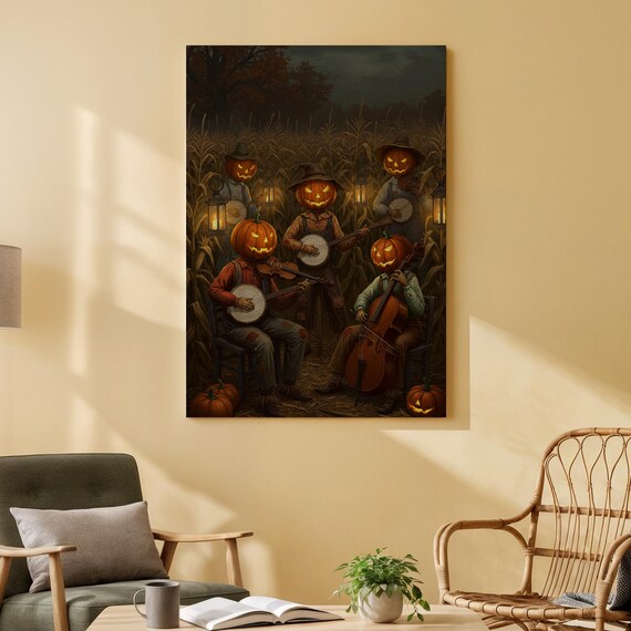 Pumpkin Band Canvas Art Spooky Halloween Wall Print Haunted Harvest Music Decor For Living Room Office Or Seasonal Spaces