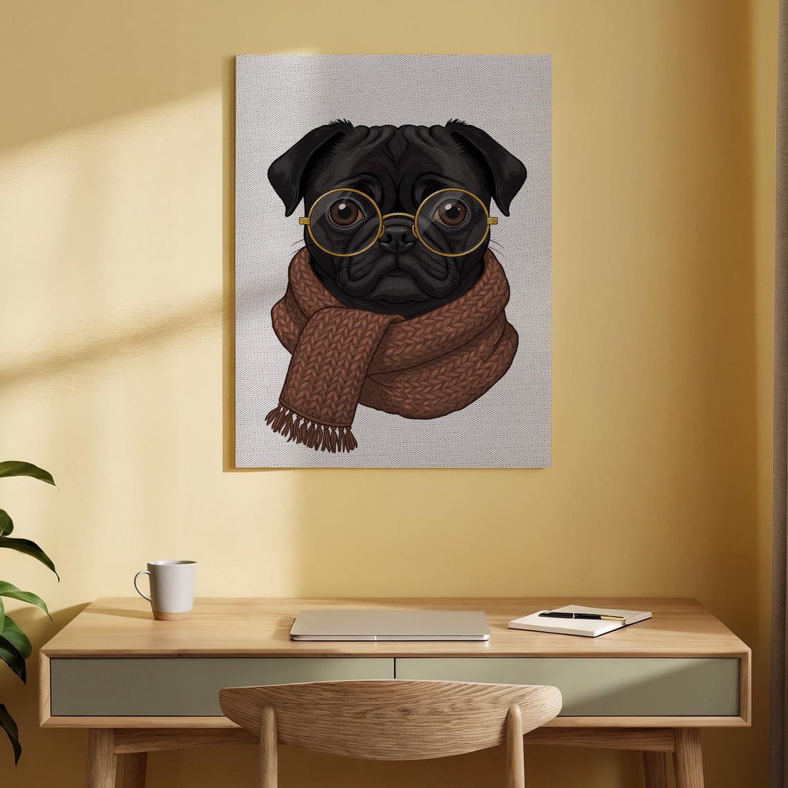 Adorable Black Pug Dog With Glasses And Scarf Cute Animal Poster