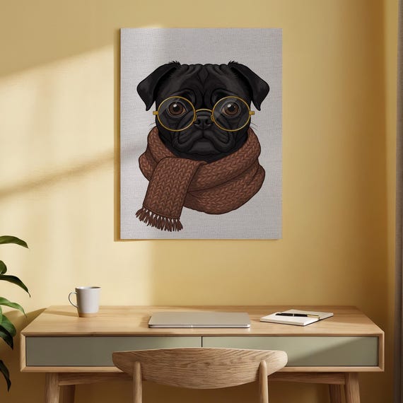 Adorable Pug Dog With Glasses And Scarf Artwork Cute Cozy Illustration Wooden Poster Print For Pet Lovers Home Decor Art