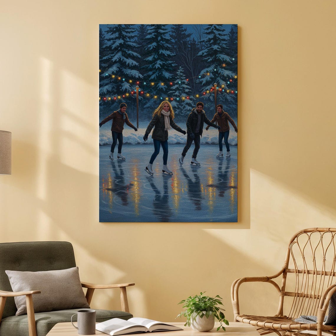 Friends Ice Skating On Frozen Lake Winter Night Lights Canvas Print