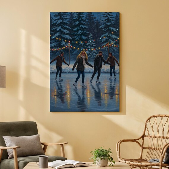 Friends Ice Skating On Frozen Lake Winter Night Lights Canvas Print