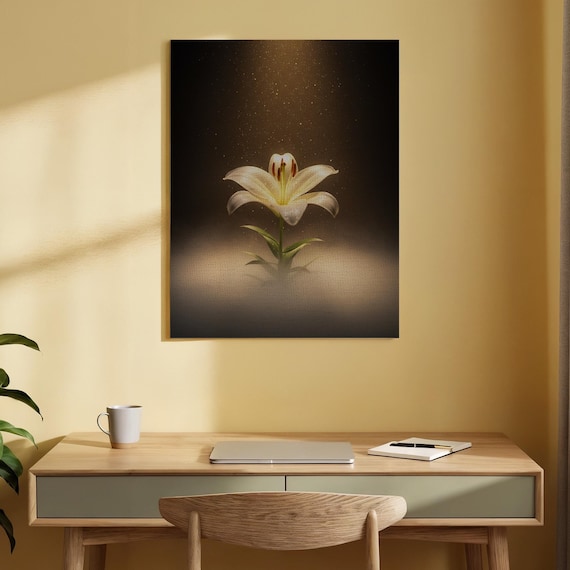 White Lily Golden Glow Minimalist Flower Dark Botanical Wall Art
