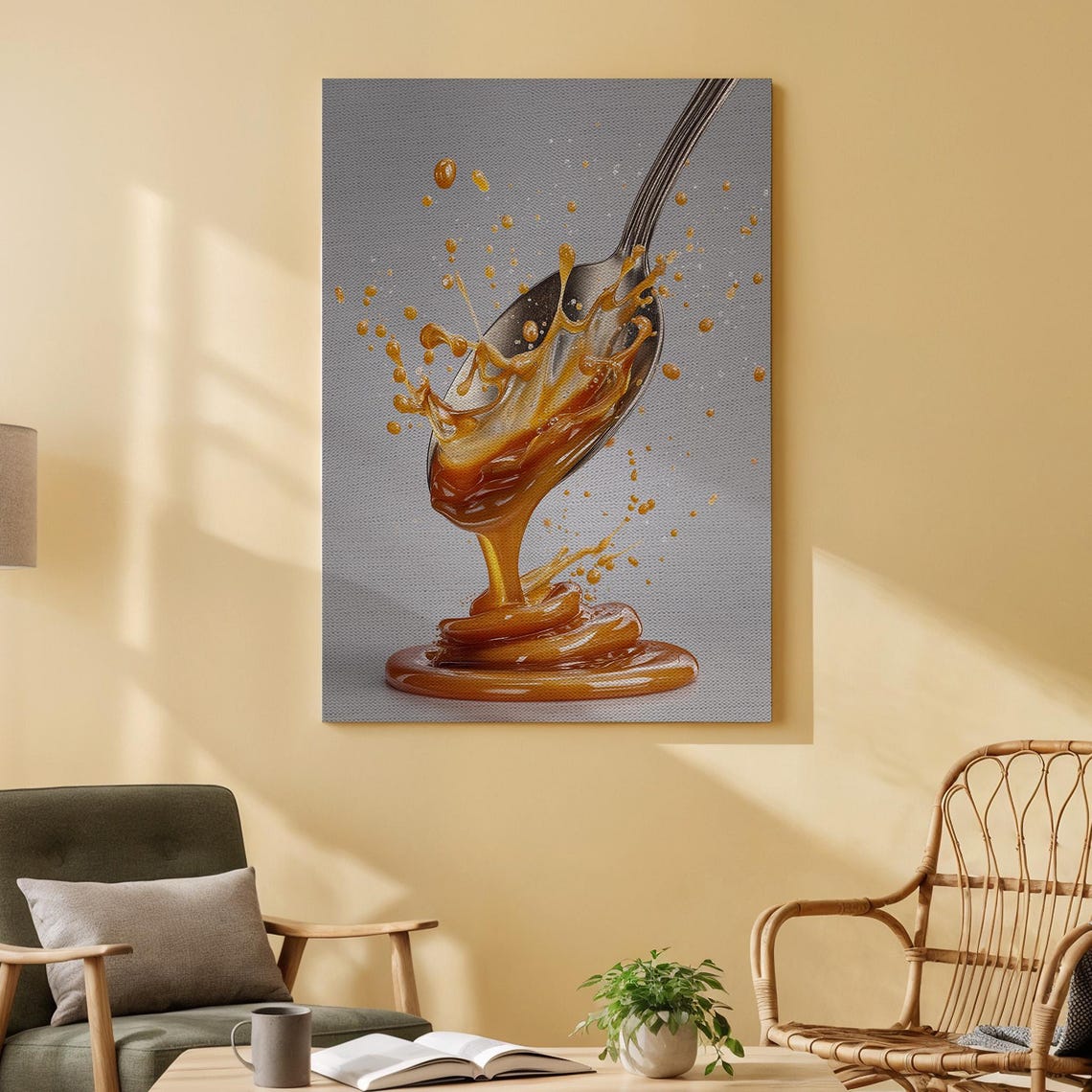 Caramel Spoon Artwork Print On Wood Sweet Dripping Sauce Design Modern Minimalist Art For Kitchen Dining Room Or Culinary Decor
