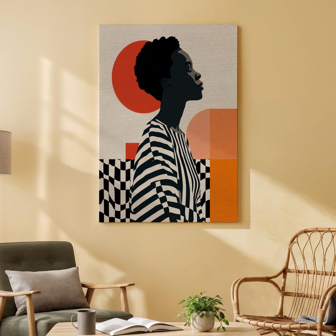 Bold Woman Profile Striped Shirt Abstract Geometric Canvas Print
