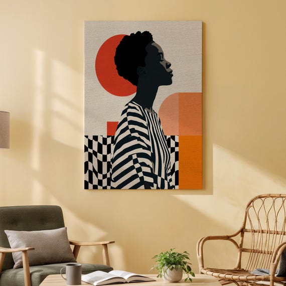 Abstract Woman Canvas Art Modern Black And White Portrait With Geometric Patterns Vibrant Colors For Living Room Bedroom Or Office