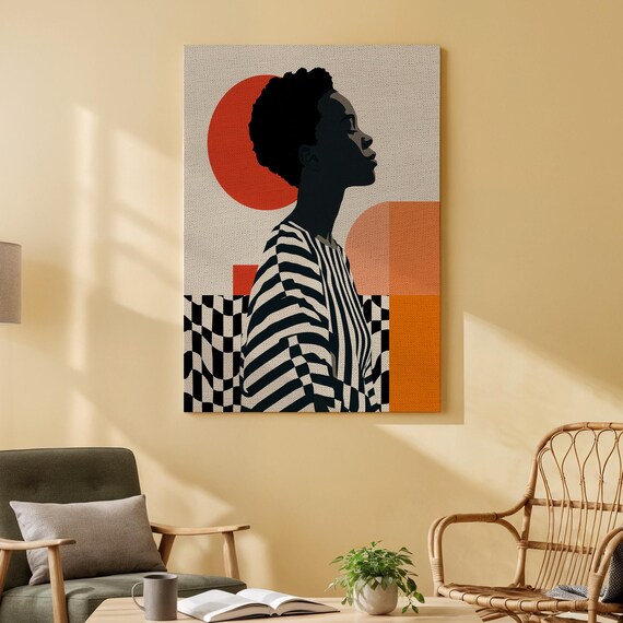 Bold Woman Profile Striped Shirt Abstract Geometric Canvas Print