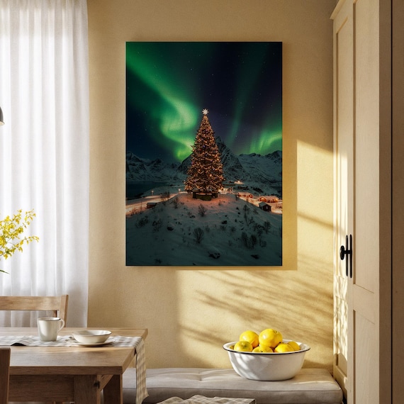 Northern Lights Christmas Tree Aurora Night Snowy Mountain Canvas Print